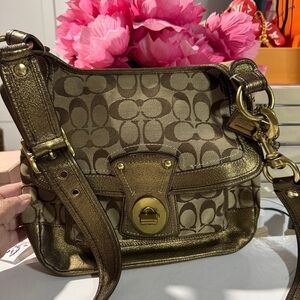 Coach Gold and Brown Signature Shoulder Bag legacy multicolor stripe